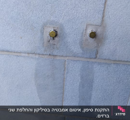 שני ברגים בקיר אריחים עם סימני רטיבות